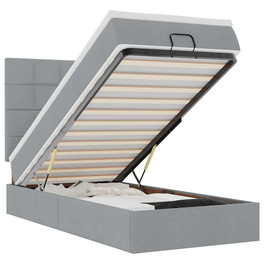 Lit ottoman avec matelas et LED gris clair 90x200 cm tissu - 2