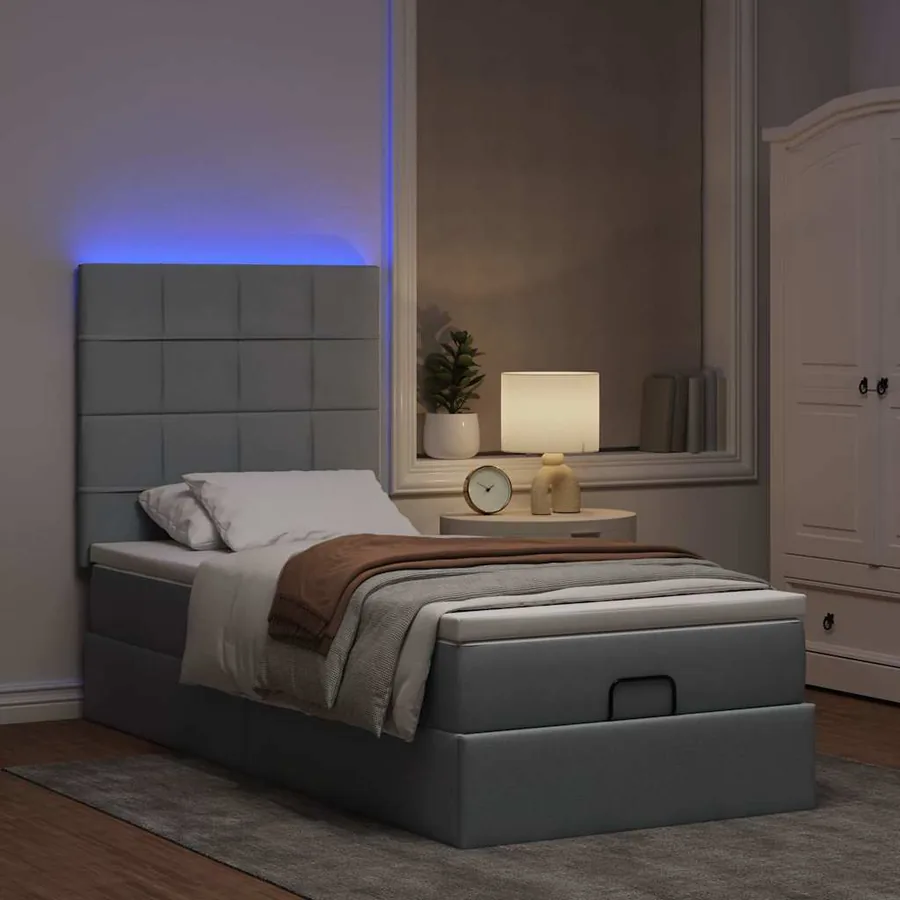 Lit ottoman avec matelas et LED gris clair 90x200 cm tissu - 3