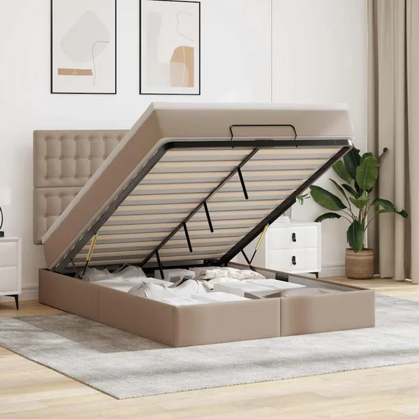 Cadre de lit ottoman et matelas cappuccino 140x190cm similicuir