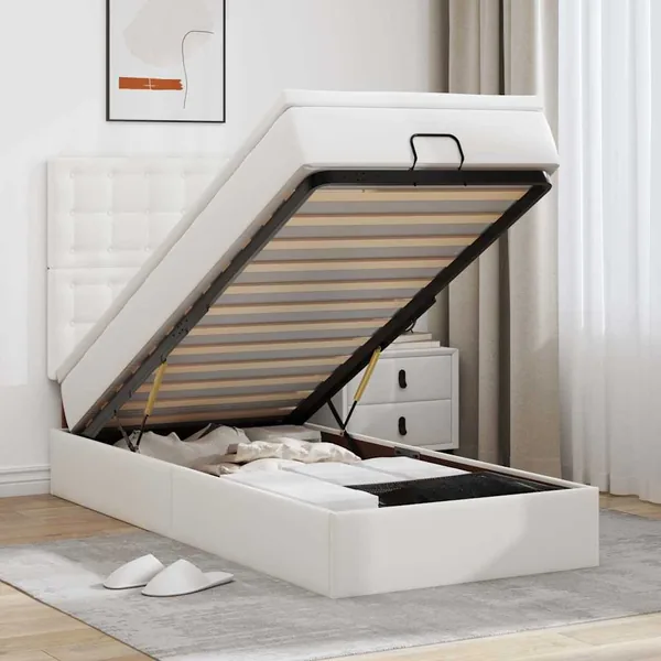 Cadre de lit ottoman avec matelas blanc 90x190 cm similicuir