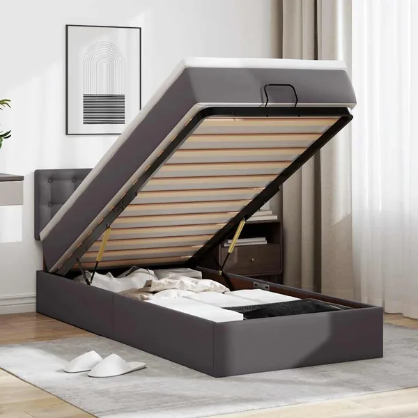 Lit ottoman avec matelas gris 90x190 cm similicuir