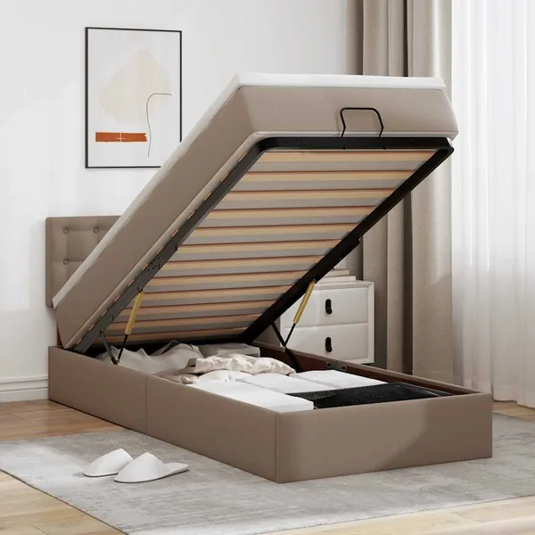 Cadre de lit ottoman et matelas cappuccino 90x190 cm similicuir