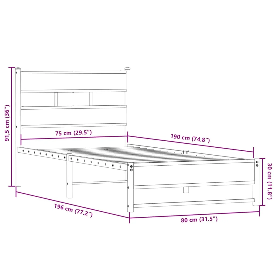 Cadre de lit en métal sans matelas chêne fumé 75x190 cm - 9