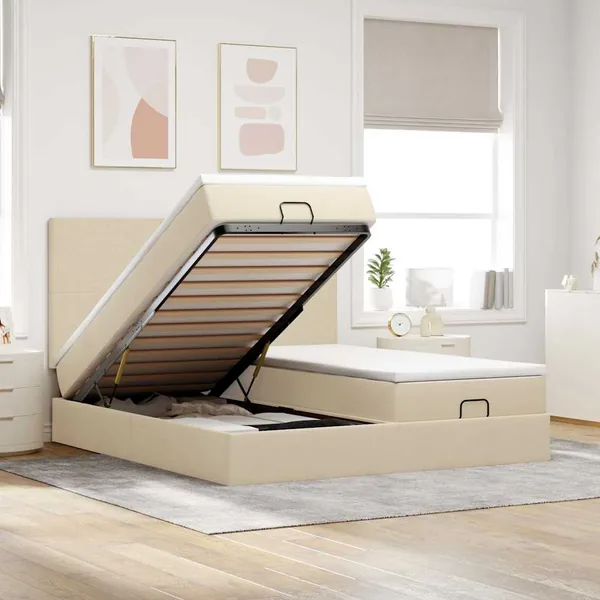 Cadre de lit ottoman avec matelas crème 180x200 cm tissu