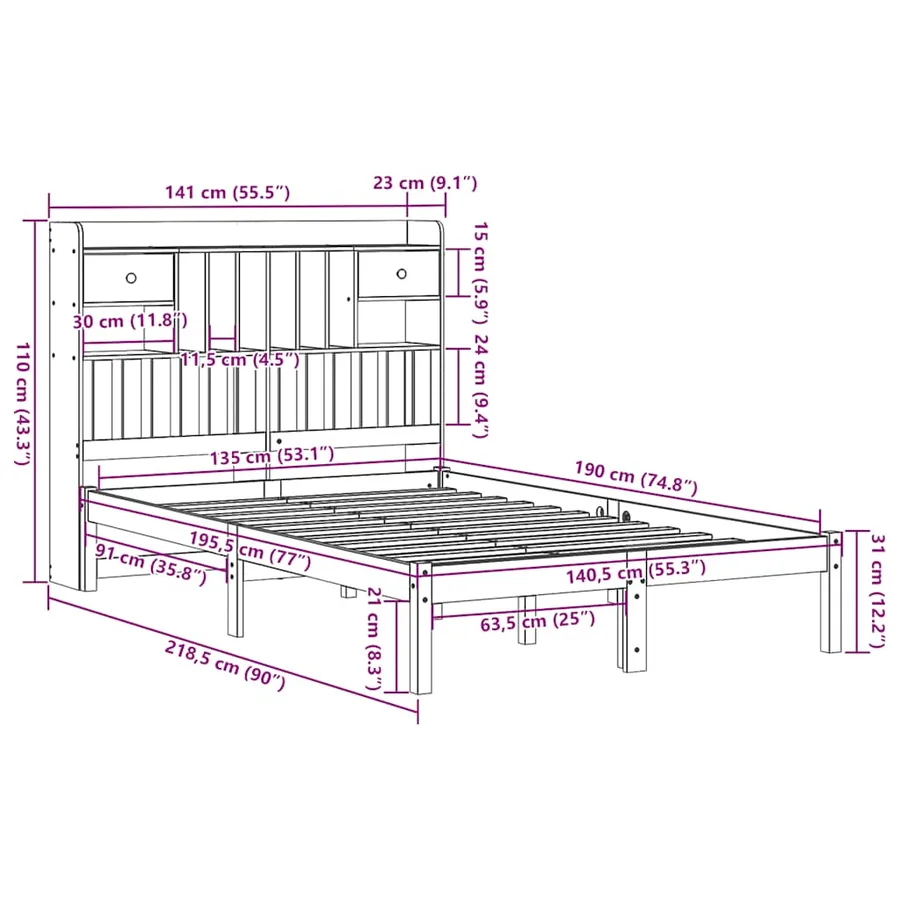 Lit bibliothèque sans matelas blanc 135x190 cm bois pin massif - 11