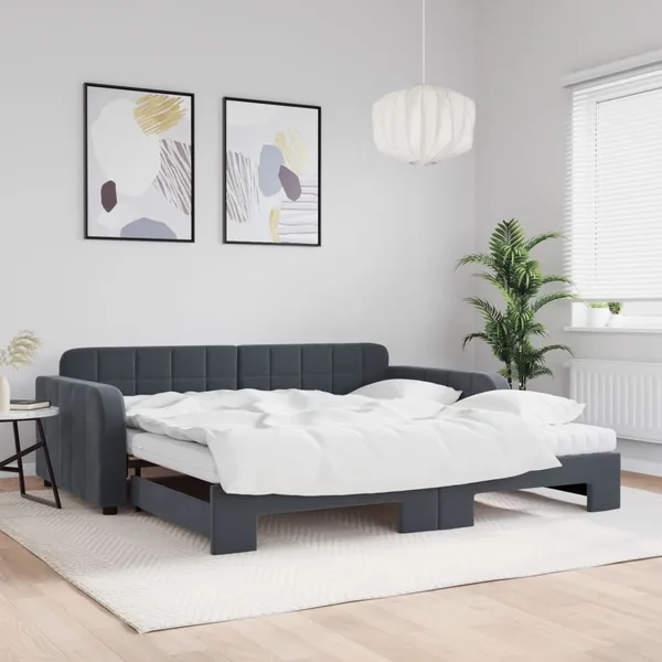 Lit de jour et gigogne et matelas gris foncé 100x200 cm velours