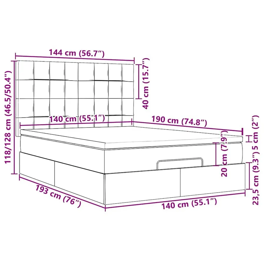 Cadre de lit ottoman et matelas gris clair 140x190 cm tissu - 18