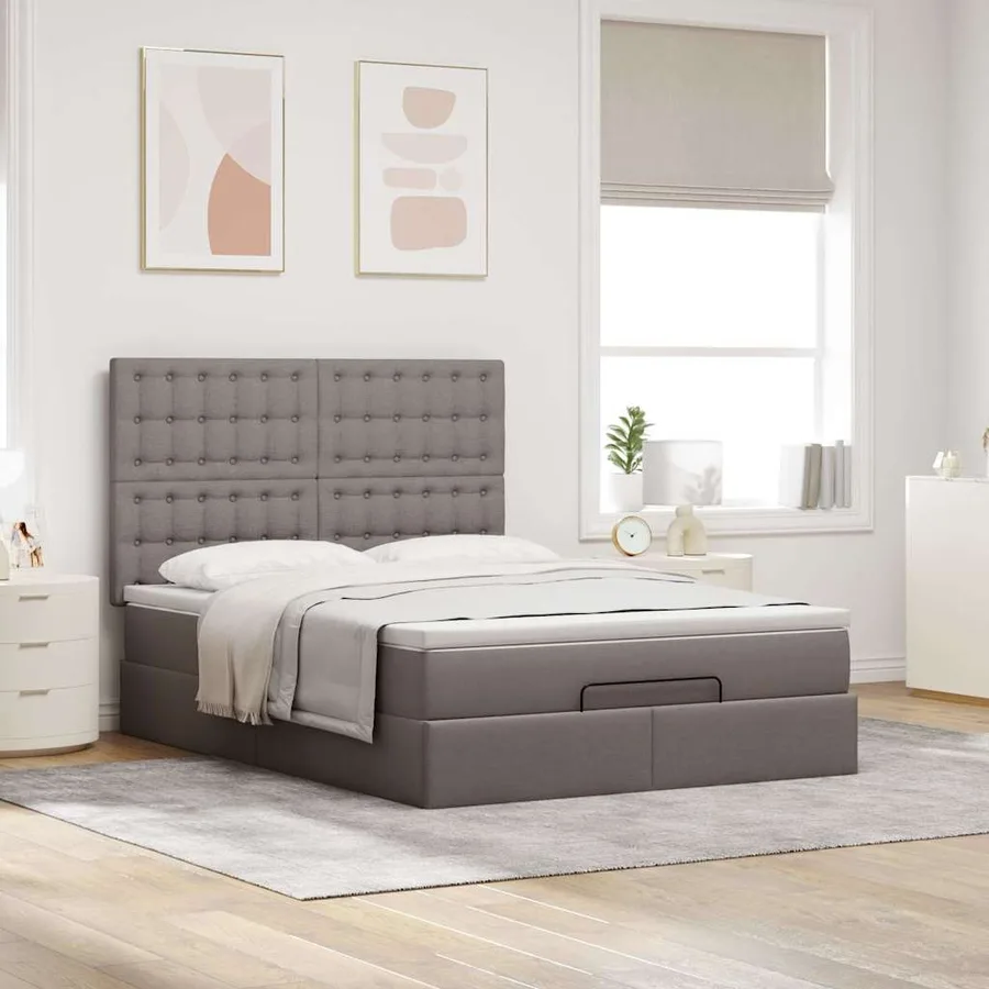 Cadre de lit ottoman avec matelas taupe 140x190 cm tissu - 4
