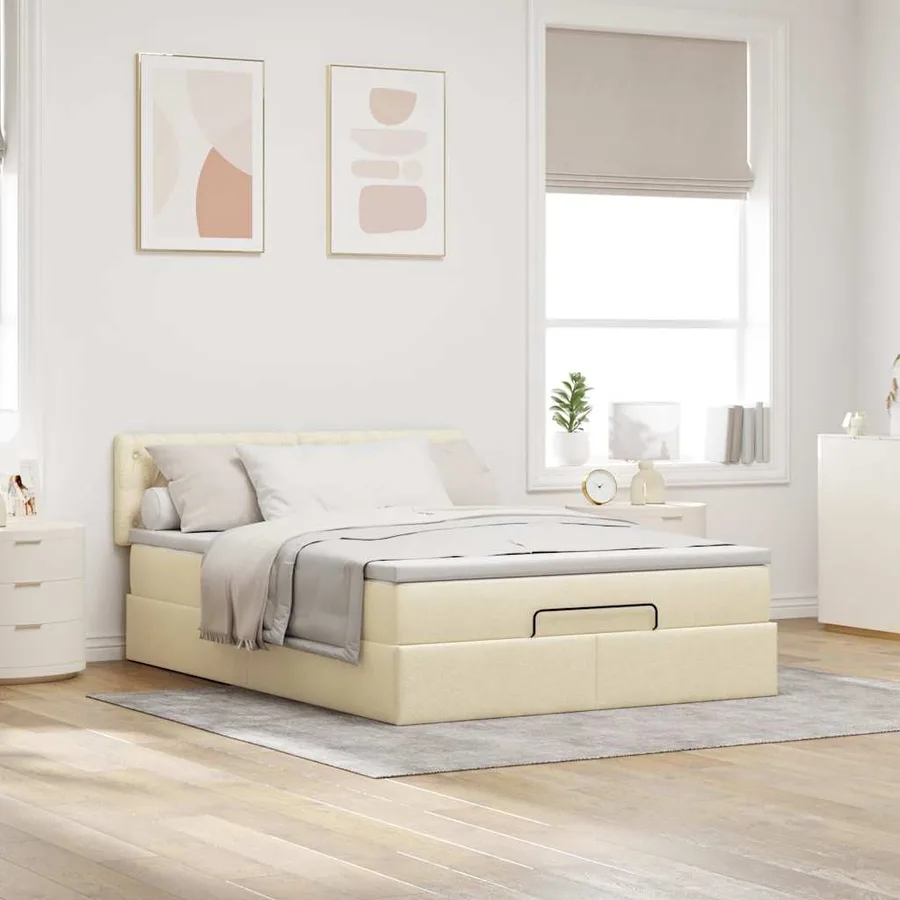 Lit ottoman avec matelas et LED crème 140x190 cm tissu - 4