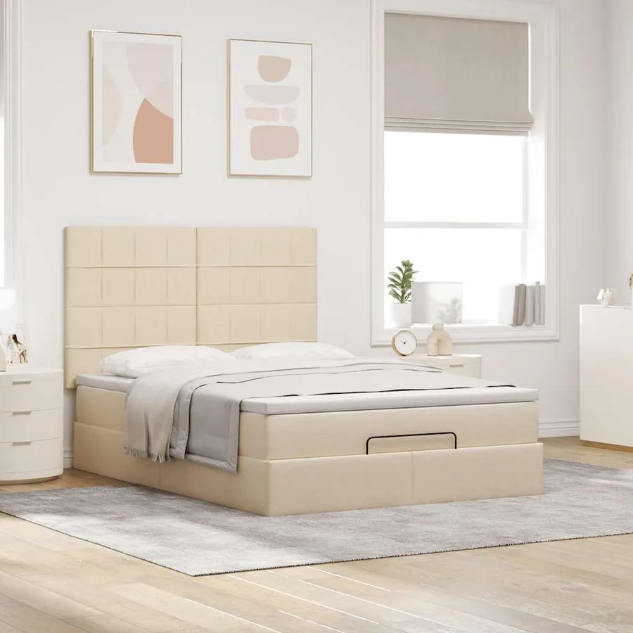 Cadre de lit ottoman avec matelas crème 140x190 cm tissu - 4