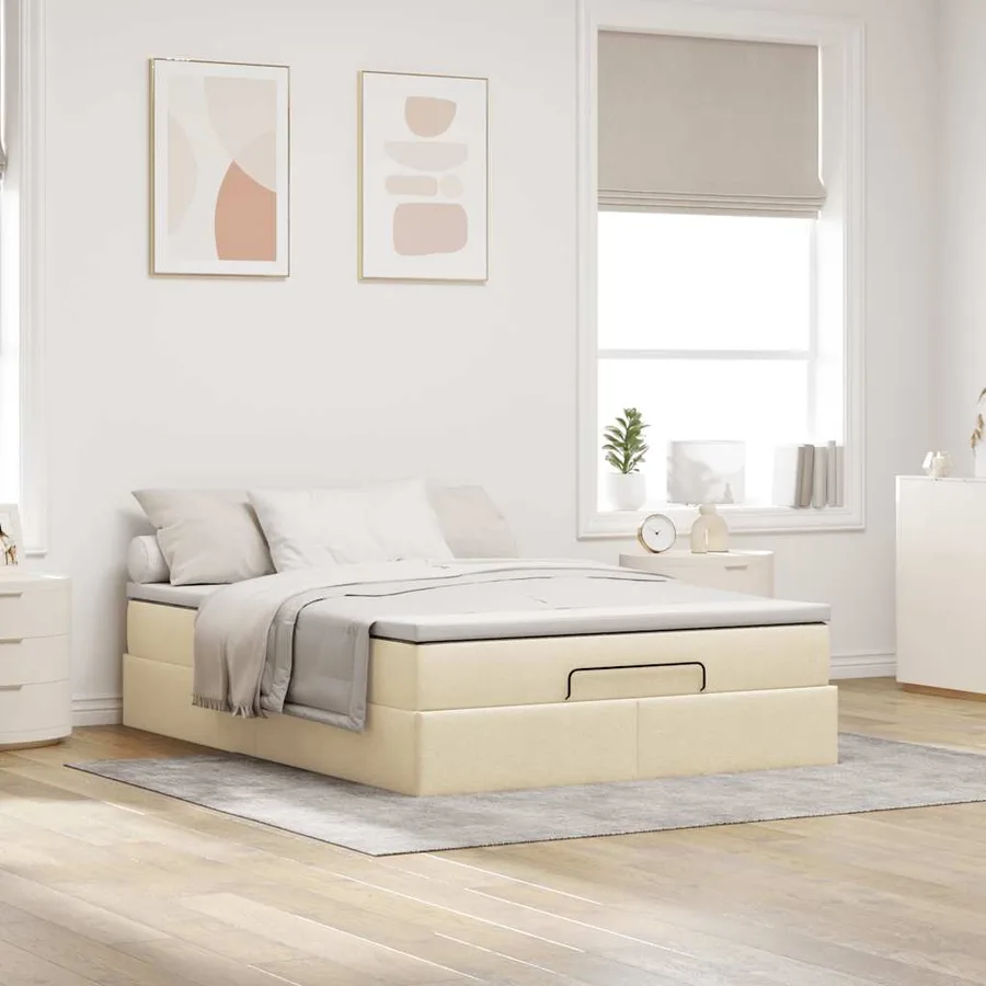 Cadre de lit ottoman avec matelas crème 140x190 cm tissu - 3