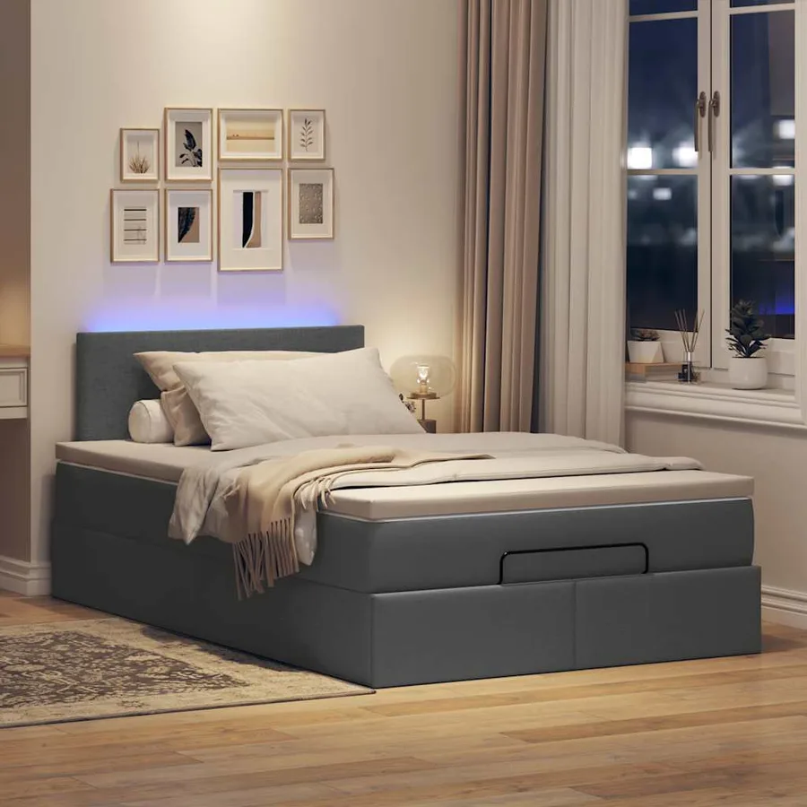 Lit ottoman avec matelas et LED gris foncé 120x190 cm tissu - 3