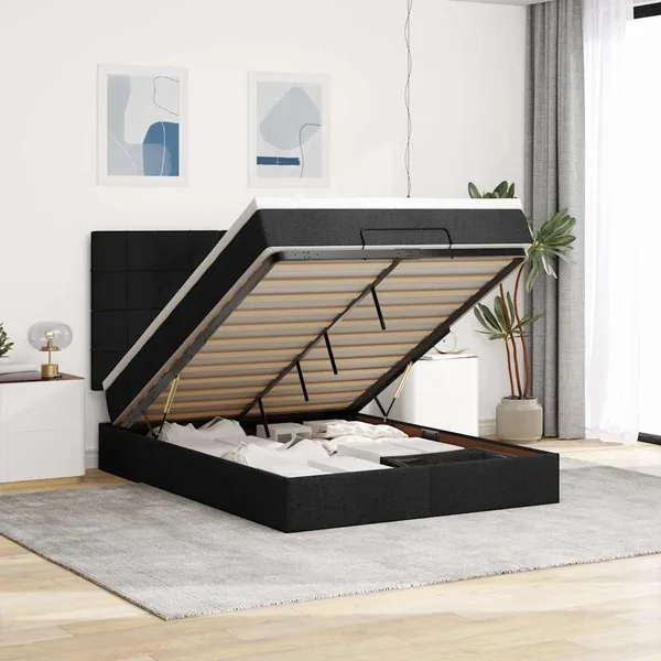Cadre de lit ottoman avec matelas noir 140x200 cm tissu