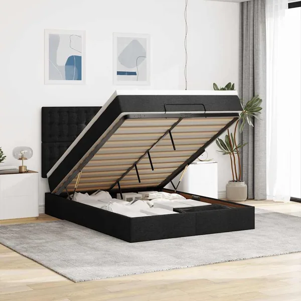 Cadre de lit ottoman avec matelas noir 140x200 cm tissu