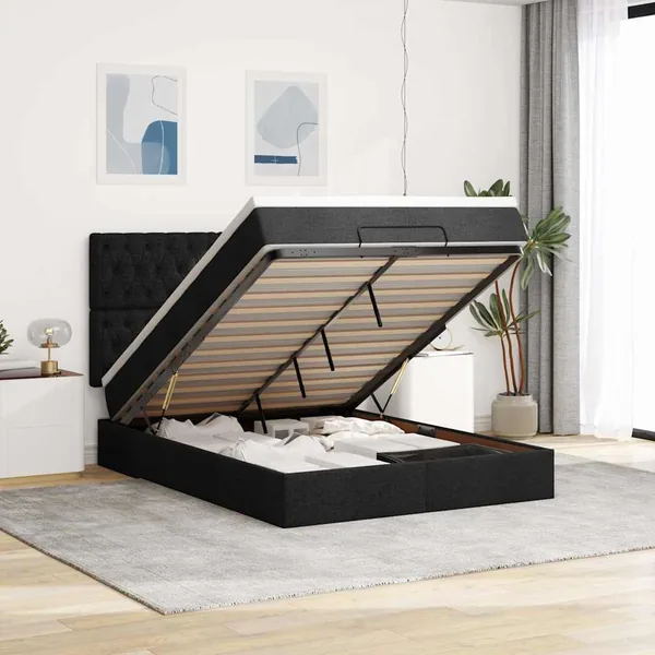 Cadre de lit ottoman avec matelas noir 140x200 cm tissu