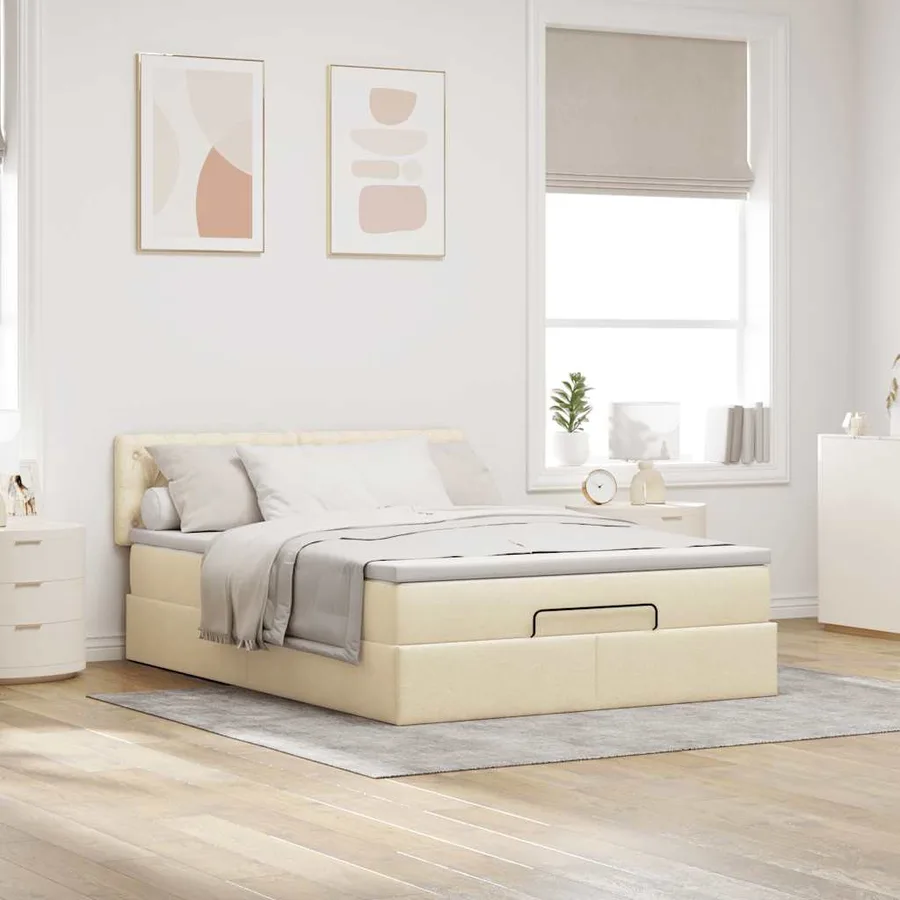 Lit ottoman avec matelas crème 140x200 cm tissu - 3