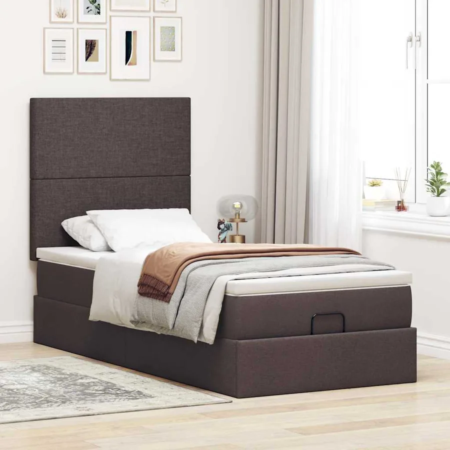 Cadre de lit ottoman avec matelas marron foncé 100x200 cm tissu - 4
