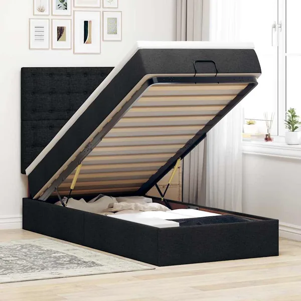 Cadre de lit ottoman avec matelas noir 100x200cm tissu