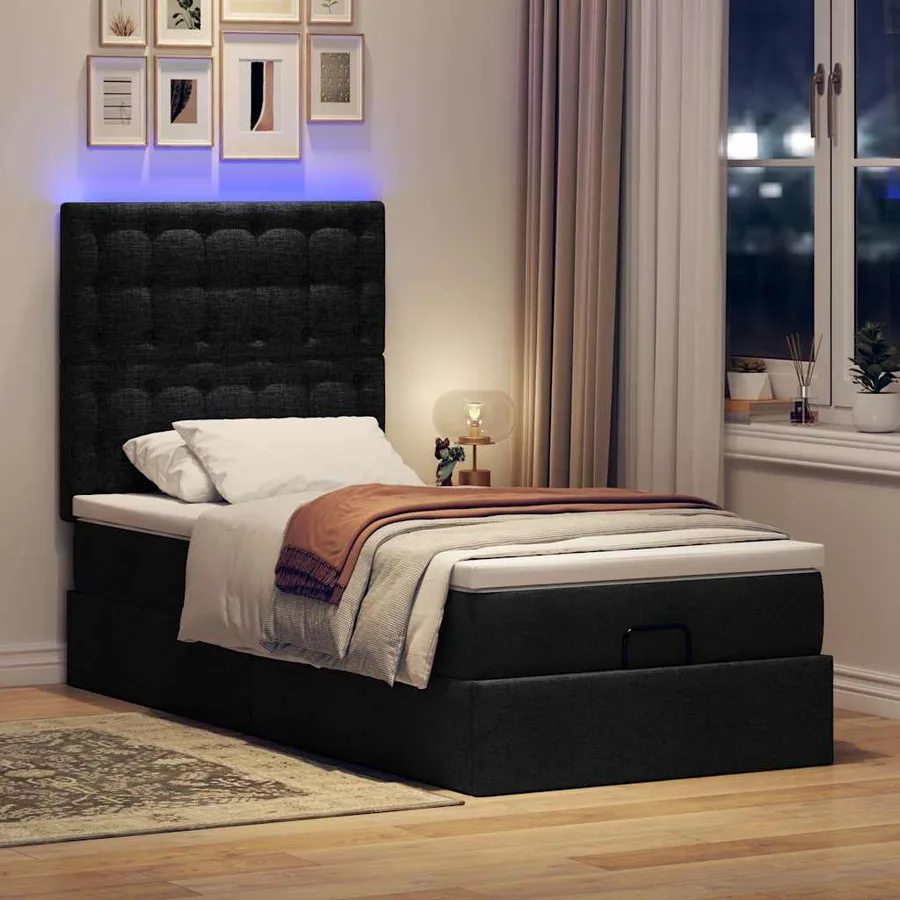 Cadre de lit ottoman avec matelas noir 100x200cm tissu - 3