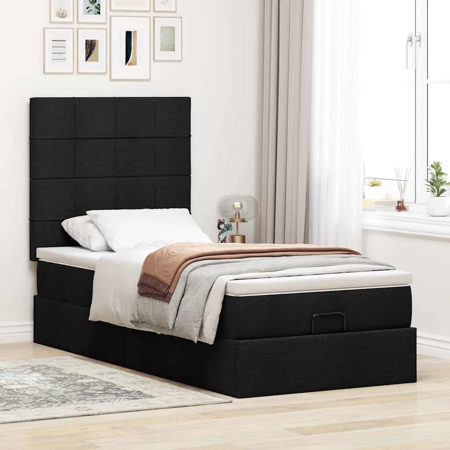 Lit ottoman avec matelas noir 100x200 cm tissu - 3