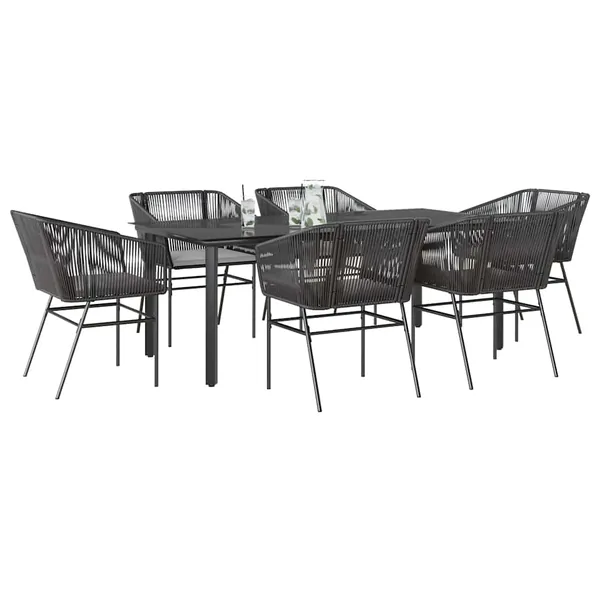 Ensemble à manger de jardin coussins 7pcs noir poly rotin verre