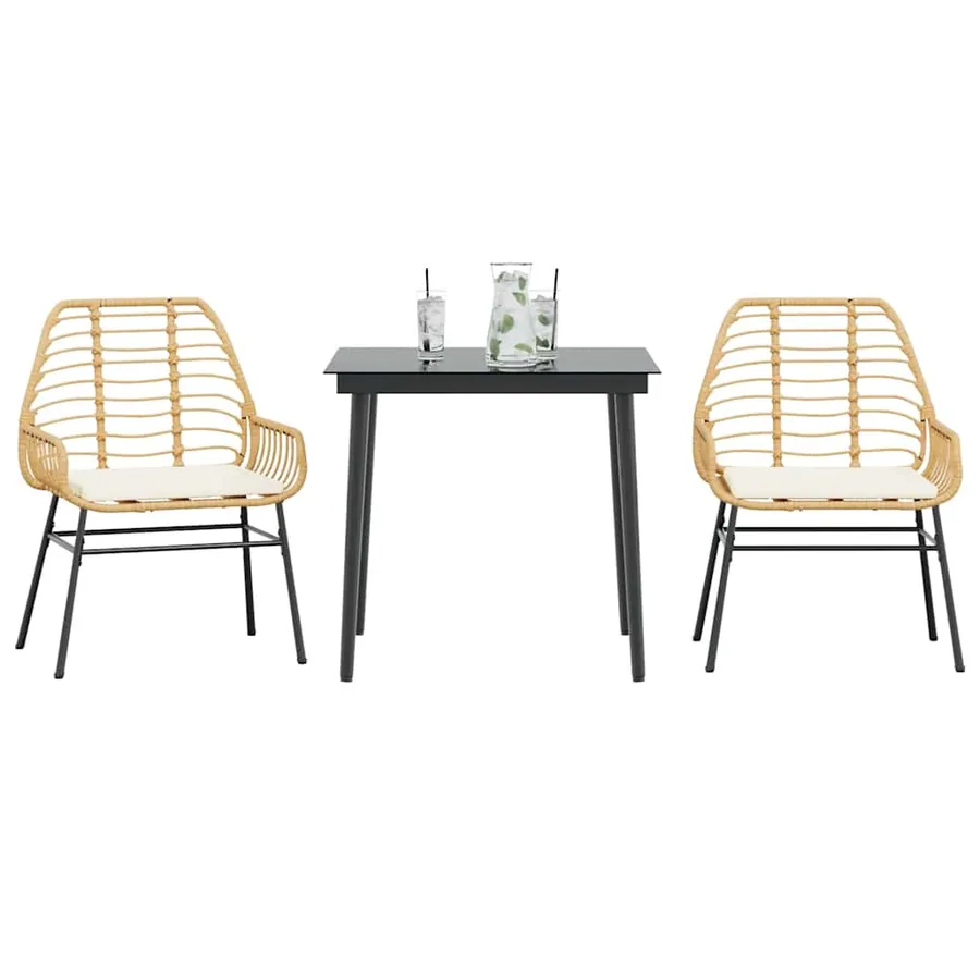 Ensemble à manger jardin coussins 3pcs marron poly rotin verre