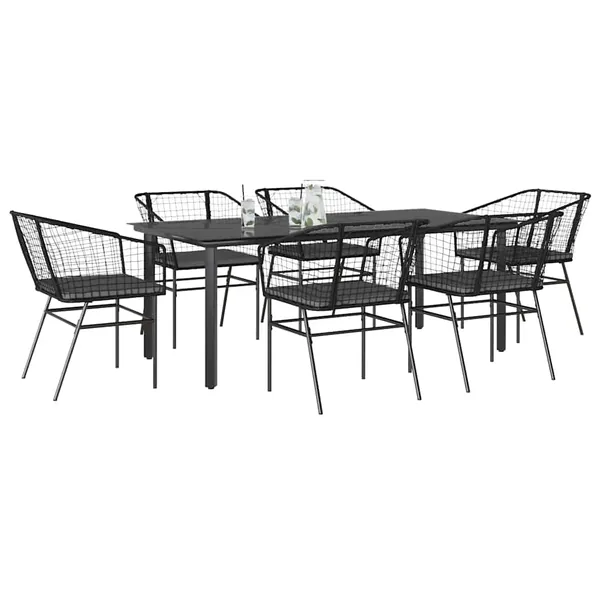 Ensemble à manger de jardin coussins 7pcs noir poly rotin verre