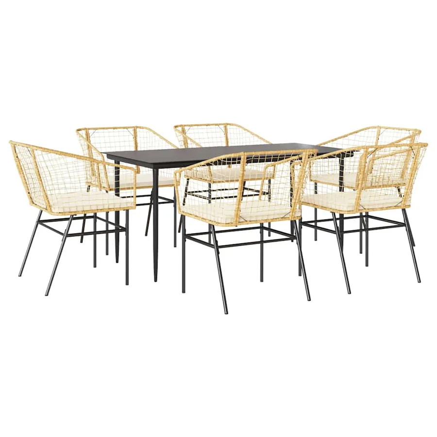 Ensemble à manger jardin coussins 7pcs marron poly rotin verre - 2