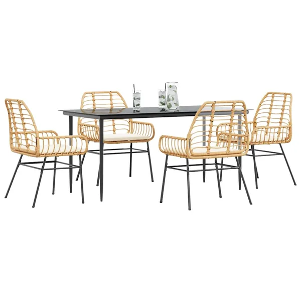 Ensemble à manger jardin coussins 5pcs marron poly rotin verre