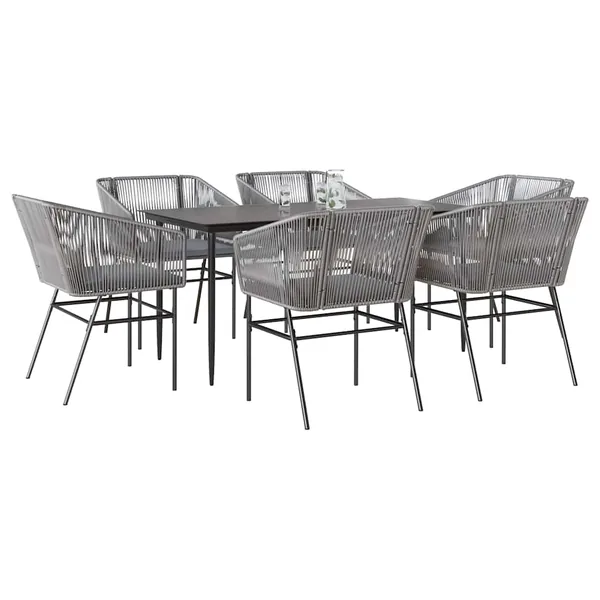 Ensemble à manger jardin coussins 7 pcs gris poly rotin verre
