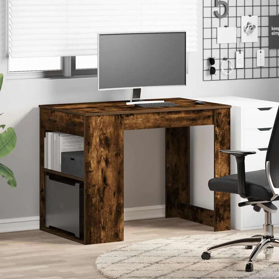 Bureau avec tiroir et étagère chêne fumé bois d'ingénierie - 3