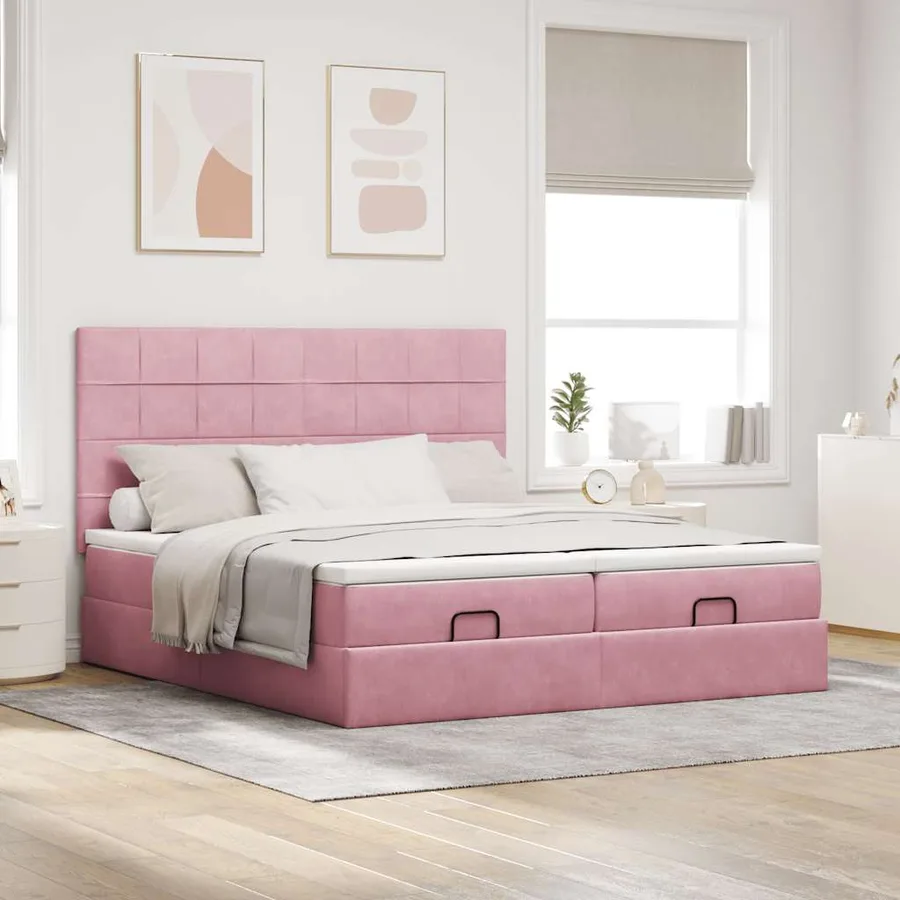 Cadre de lit ottoman avec matelas rose 200x200 cm velours - 3
