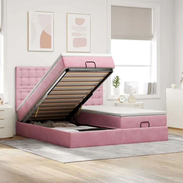 Cadre de lit ottoman avec matelas rose 200x200 cm velours