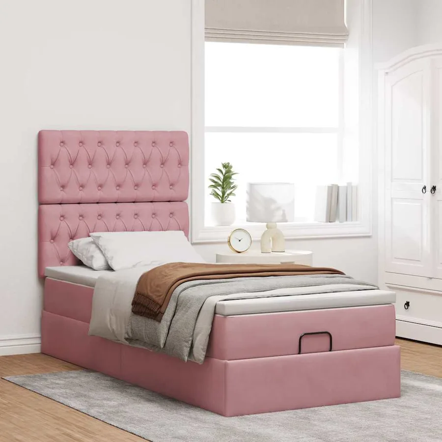 Cadre de lit ottoman avec matelas rose 100x200 cm velours - 3