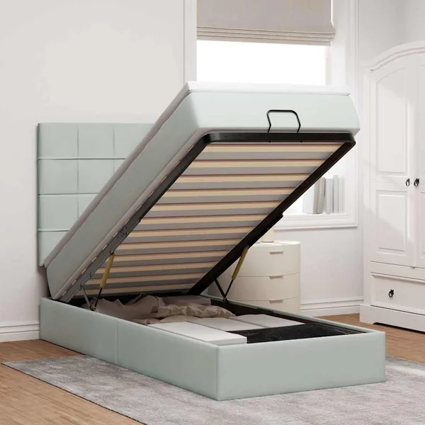 Cadre de lit ottoman et matelas gris clair 100x200 cm velours