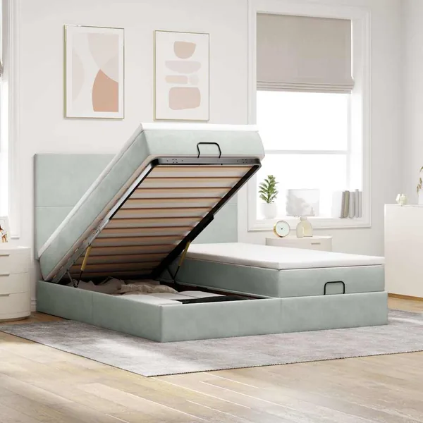 Cadre de lit ottoman avec matelas gris clair 200x200 cm velours