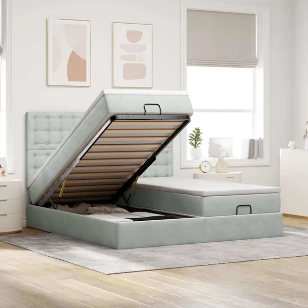 Cadre de lit ottoman avec matelas gris clair 200x200 cm velours