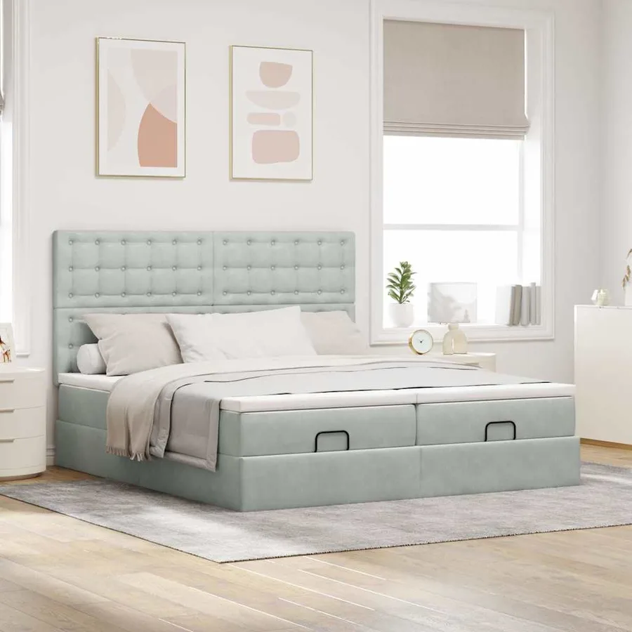 Cadre de lit ottoman avec matelas gris clair 200x200 cm velours - 4