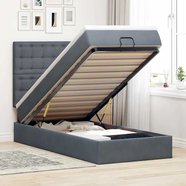 Cadre de lit ottoman avec matelas gris foncé 100x200 cm velours