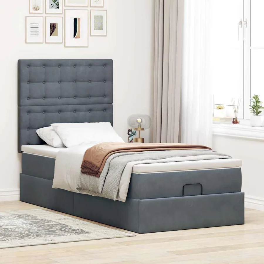 Cadre de lit ottoman avec matelas gris foncé 100x200 cm velours - 3