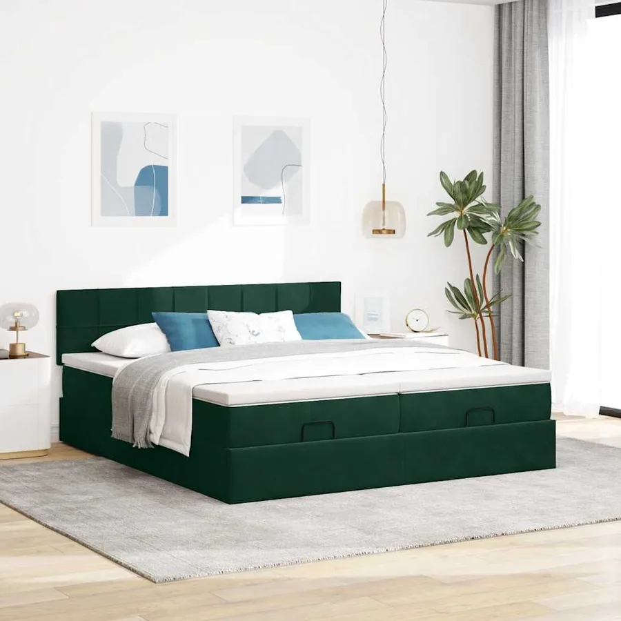 Cadre de lit ottoman avec matelas vert foncé 200x200 cm velours - 3
