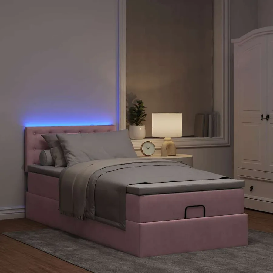 Cadre de lit ottoman avec matelas rose 90x200 cm velours - 3