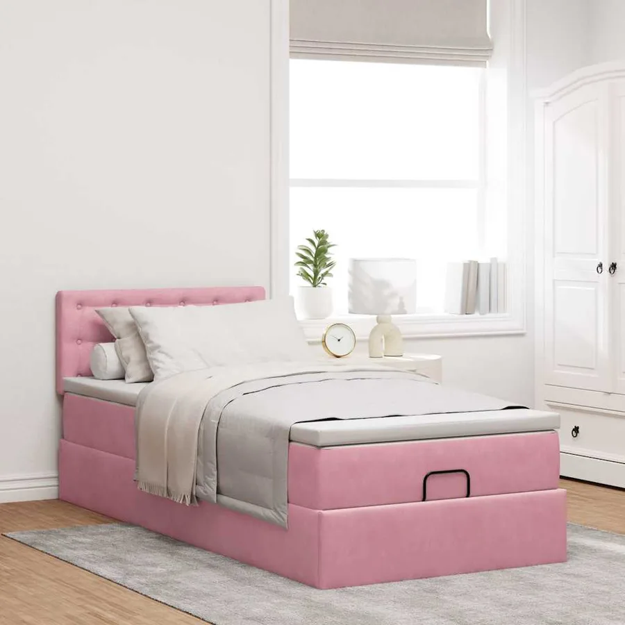Cadre de lit ottoman avec matelas rose 90x200 cm velours - 4