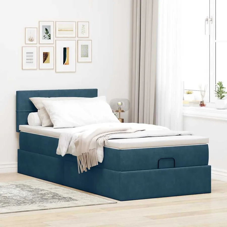 Cadre de lit ottoman avec matelas bleu foncé 90x200 cm velours - 4