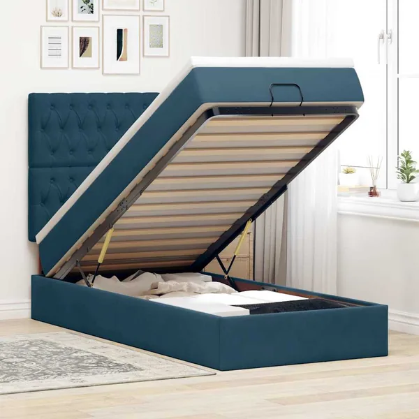 Cadre de lit ottoman avec matelas bleu foncé 90x200 cm velours