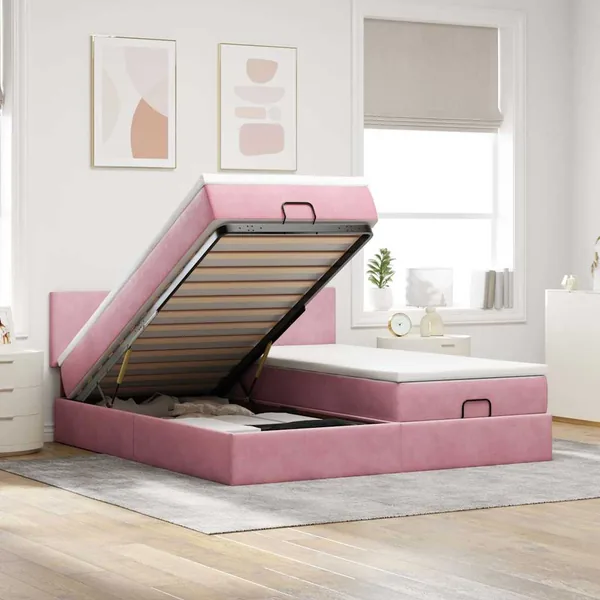 Cadre de lit ottoman avec matelas rose 180x200 cm velours