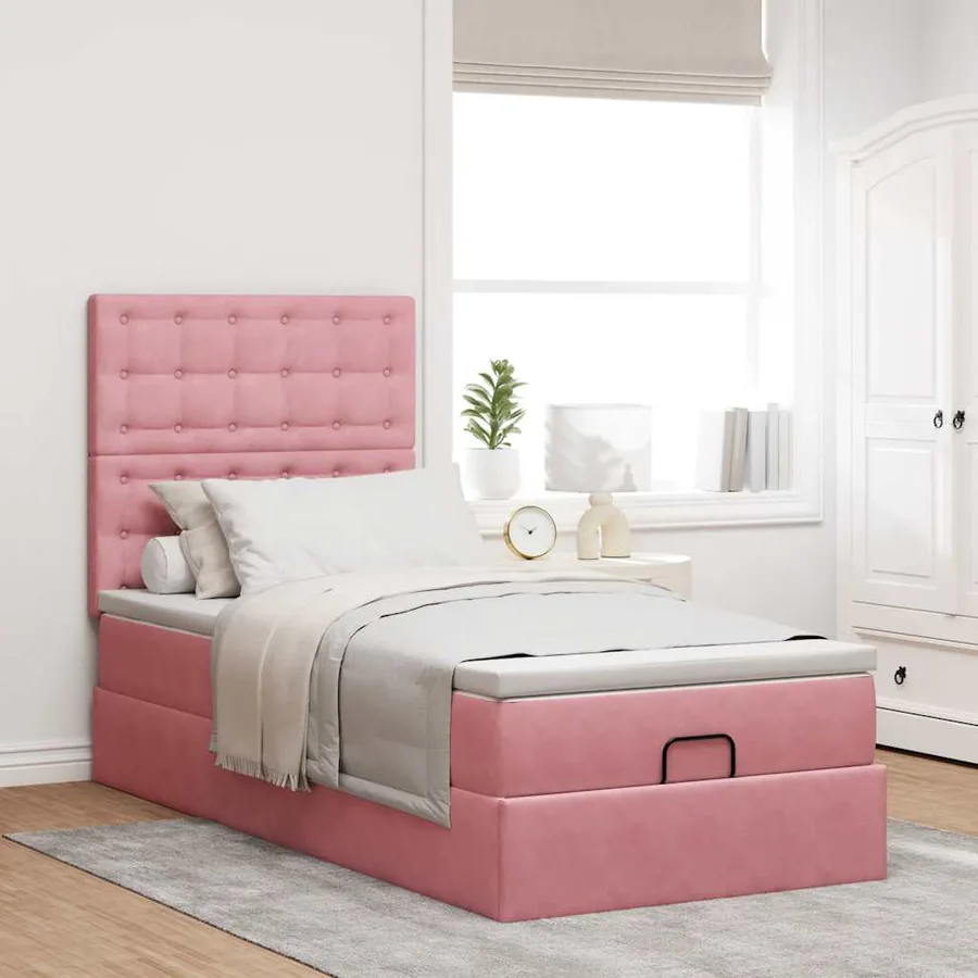 Cadre de lit ottoman avec matelas rose 90x200 cm velours - 4