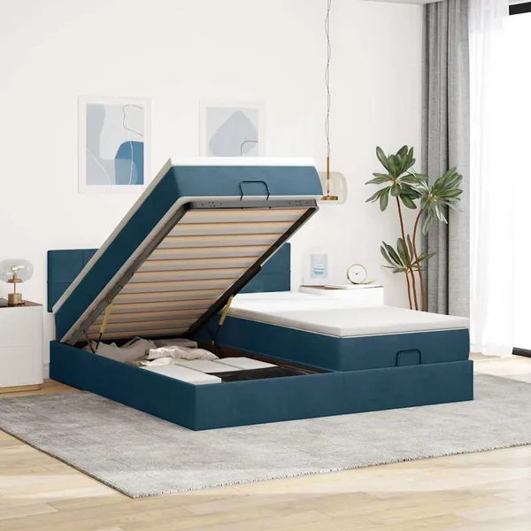 Cadre de lit ottoman avec matelas bleu foncé 200x200 cm velours
