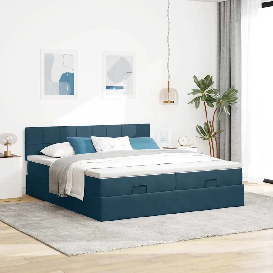 Cadre de lit ottoman avec matelas bleu foncé 200x200 cm velours - 4