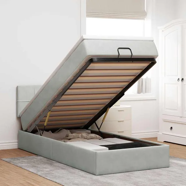 Cadre de lit ottoman et matelas gris clair 90x190 cm velours